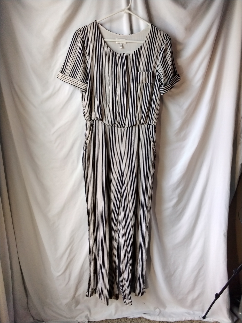 Harlyn Vertical Stripe Short-Sleeve Jumpsuit in Black and White